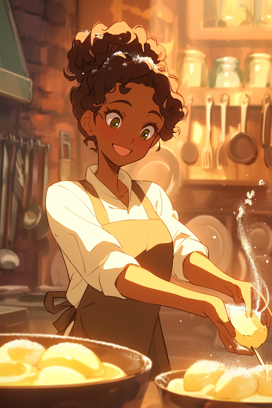 Animated character smiling while pouring batter in a kitchen with bowls of dough