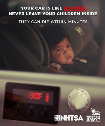 This is a National Highway Traffic Safety Administration public service announcement showing how hot it can get inside a closed car, reminding parents to make sure they take their children out when stopping.