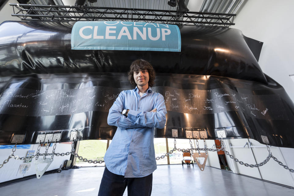 THE HAGUE, NETHERLANDS - JUNE 22: Boyan Slat poses during the unveiling of the Ocean Clean Up North Sea Prototype to test advanced technologies to rid the oceans of plastic on June 22, 2016 in The Hague, Netherlands. The Ocean Cleanup's floating barrier will be tested for extreme weather at sea, to prepare for its eventual deployment in the Great Pacific Garbage Patch.  (Photo by Michel Porro/Getty Images)