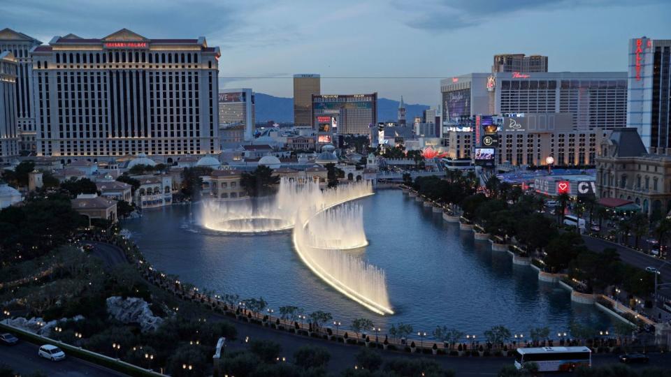 In this April 4, 2017, photo, the fountains of Bellagio erupt along the Las Vegas Strip in Las Vegas.