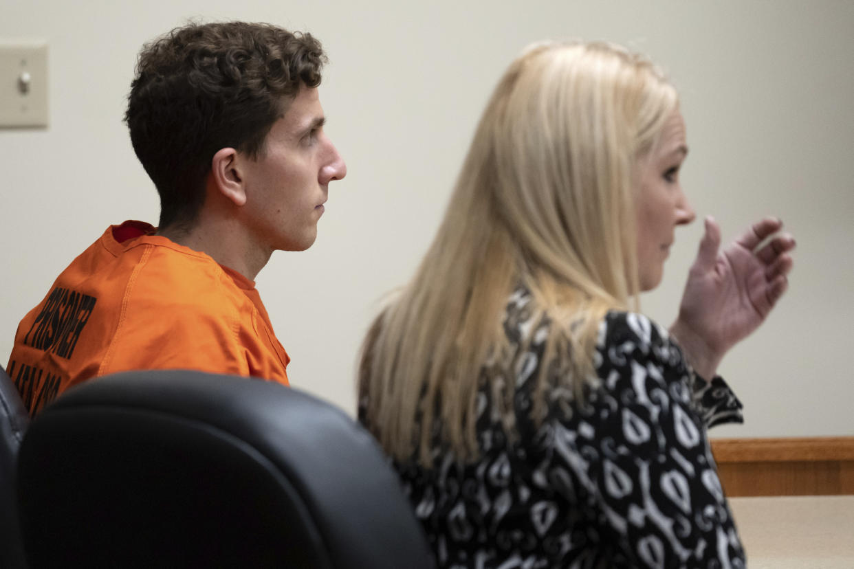 Bryan Kohberger, left, who is accused of killing four University of Idaho students in November 2022, sits with his attorney, public defender Anne Taylor, right, during a hearing in Latah County District Court, Thursday, Jan. 5, 2023, in Moscow, Idaho. (AP Photo/Ted S. Warren, Pool)
