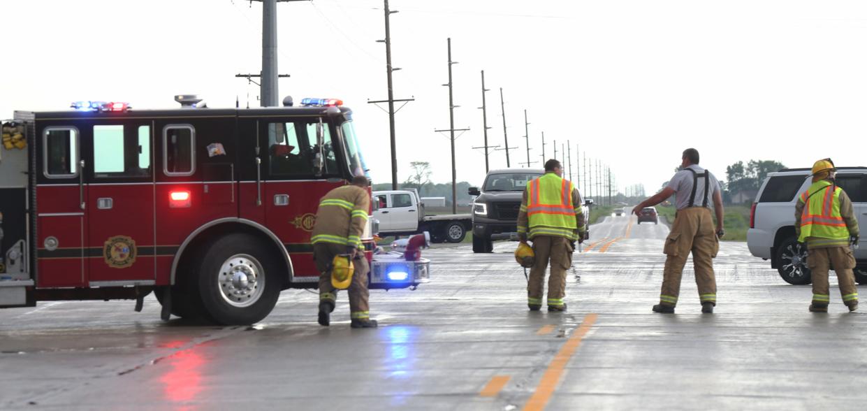 Fire officials respond after a tornado touched down in Nevada, Iowa on Tuesday, May 21, 2024.