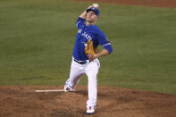 Toronto Blue Jays pitcher Chase Anderson delivers to a Baltimore Orioles batter during the sixth inning of a baseball game Saturday, Sept. 26, 2020, in Buffalo, N.Y. (AP Photo/Jeffrey T. Barnes)