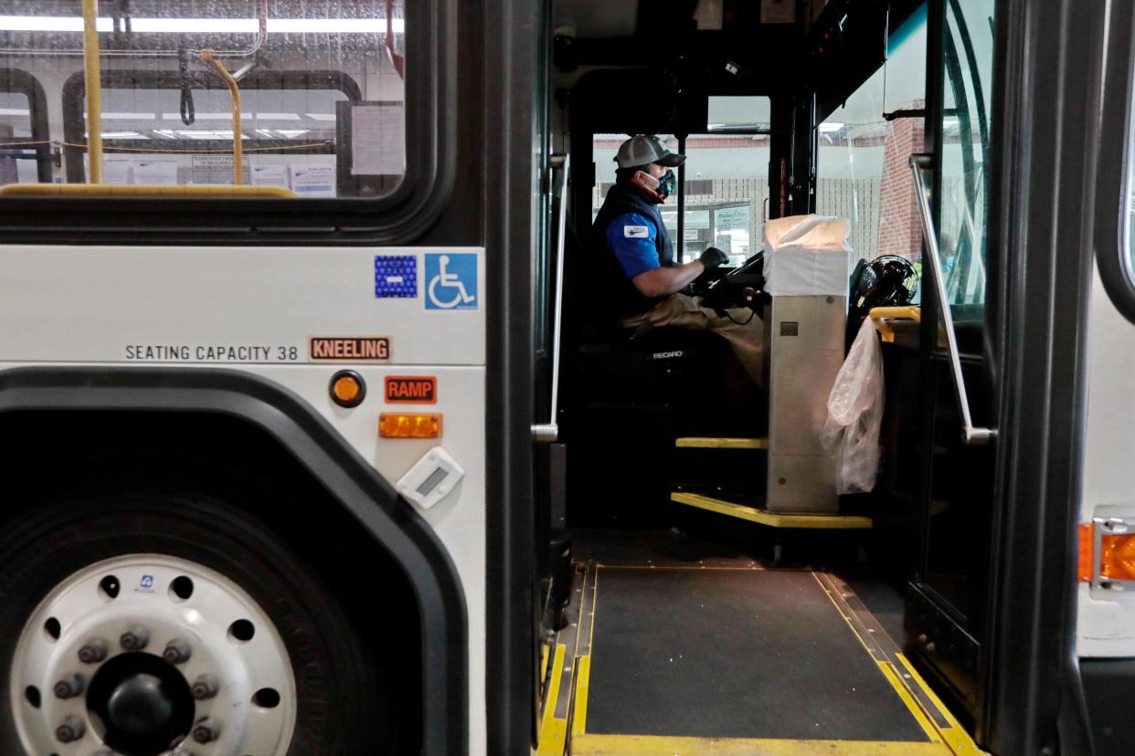 Bus driver, Tony Sousa, prepares to drive his bus from the New Bedford SRTA bus terminal in this April 2020 photo.