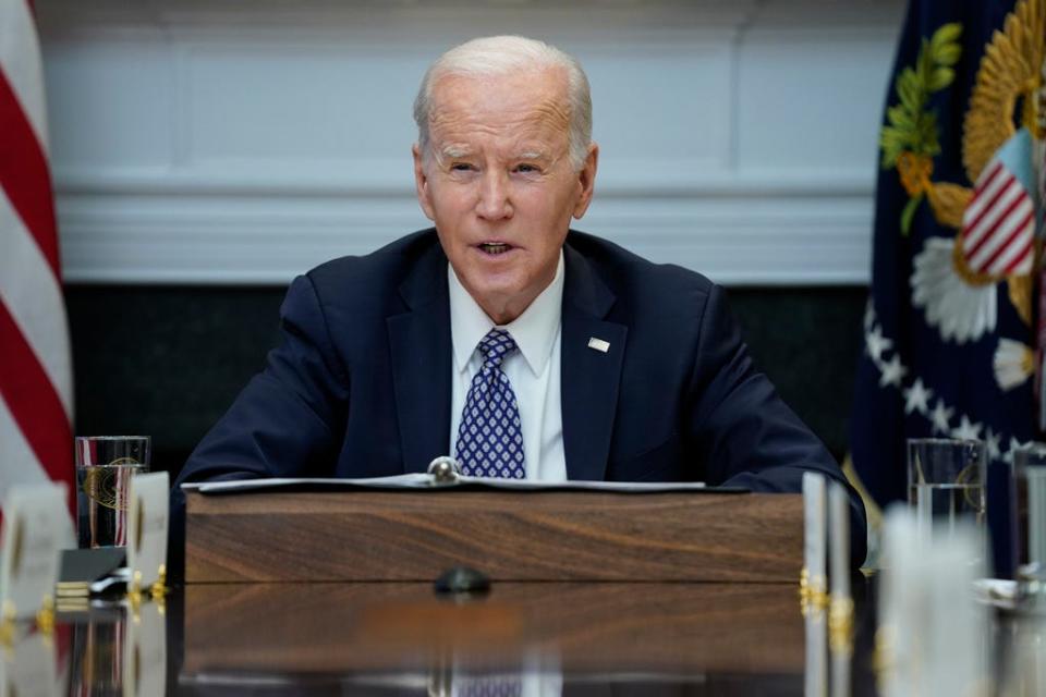 President Joe Biden speaks during a meeting with his "Investing in America Cabinet," in the Roosevelt Room of the White House, Friday, May 5, 2023, in Washington.