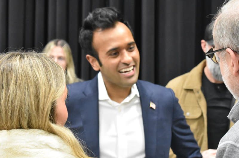 Candidate Vivek Ramaswamy greets voters at the Iowa caucus at the Horizon Event Center in Clive, Iowa, on Monday. Photo by Joe Fisher/UPI