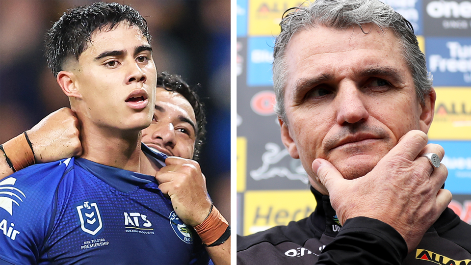 Panthers coach Ivan Cleary (pictured right) has attempted to quell reports he had a meeting with Eels superstar Blaize Talagi's (pictured left) agent and his brother. (Getty Images)