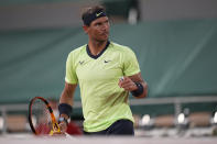 Spain's Rafael Nadal celebrates after winning a point against Richard Gasquet of France during their second round match on day 5, of the French Open tennis tournament at Roland Garros in Paris, France, Thursday, June 3, 2021. (AP Photo/Michel Euler)