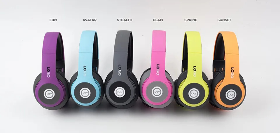 Row of headphones in assorted bright colors