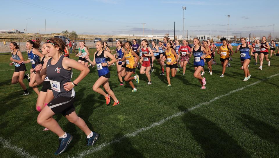 Action from the 1A girls cross-country state championship race at the Regional Athletic Complex in Rose Park on Tuesday, Oct. 24, 2023. | Jeffrey D. Allred, Deseret News