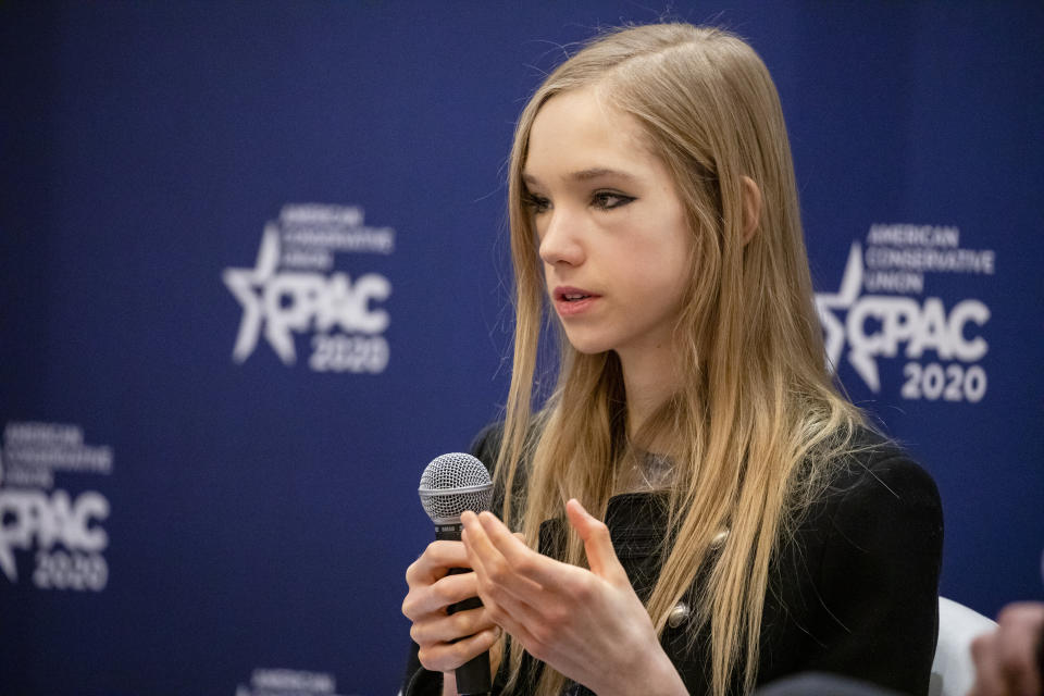 Naomi Seibt, a 19-year-old climate change skeptic and self-proclaimed climate realist, speaks during a workshop last week at the Conservative Political Action Conference 2020. (Photo: Samuel Corum via Getty Images)