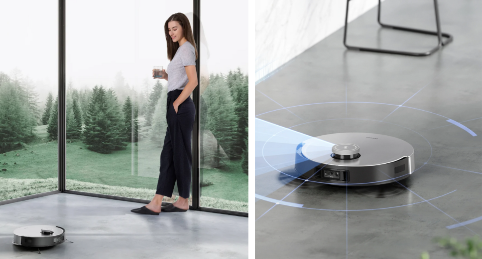 Left: A woman stands watching her robot vacuum in action. Right: A visualisation of the Ecovacs laser imaging technology