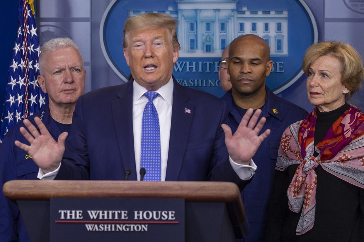 <span class="caption">President Donald Trump speaks about the coronavirus in the press briefing room at the White House on March 15, 2020.</span> <span class="attribution"><a class="link " href="https://www.gettyimages.com/detail/news-photo/president-donald-trump-speaks-to-the-media-in-the-press-news-photo/1212611139?adppopup=true" rel="nofollow noopener" target="_blank" data-ylk="slk:Getty/Tasos Katopodis;elm:context_link;itc:0;sec:content-canvas">Getty/Tasos Katopodis</a></span>