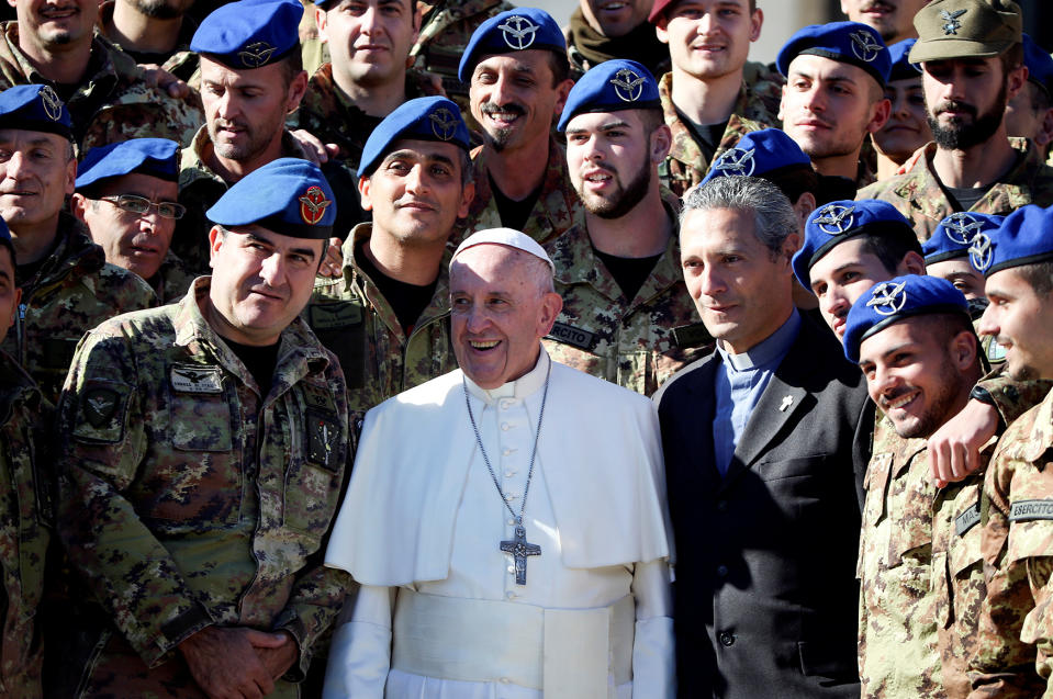 Pope Francis poses for picture with Italian Army officers