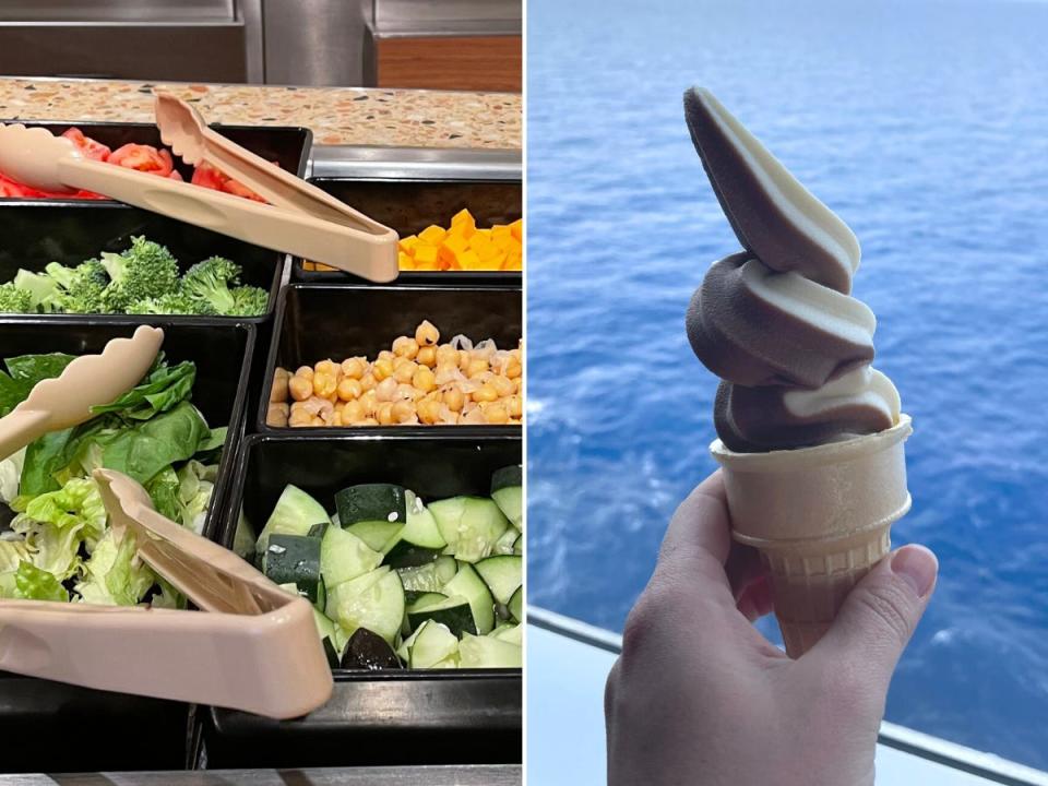 Side-by-side images of a salad bar and ice cream cone.