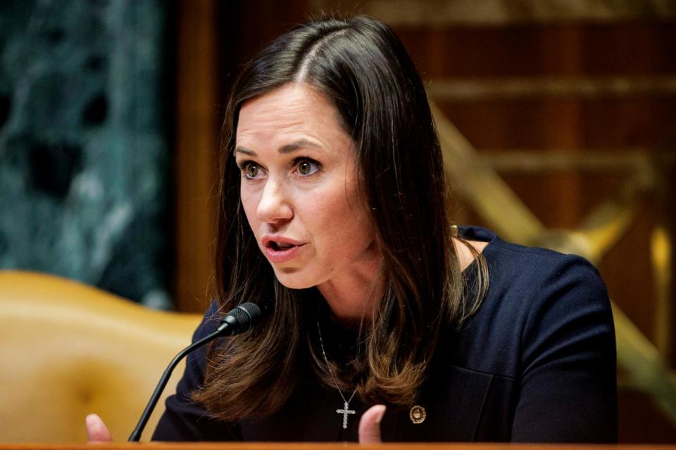 PHOTO: Sen. Katie Britt (R-AL) questions U.S. Secretary of Homeland Security Alejandro Mayorkas during a Senate Appropriations Subcommittee on Homeland Security hearing at the Capitol on April 10, 2024 in Washington, DC.  (Samuel Corum/Getty Images, FILE)