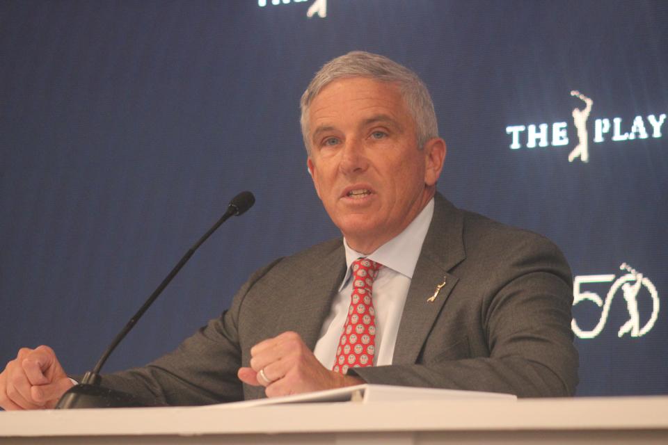 PGA Tour commissioner Jay Monahan talks at a news conference on March 12 at The Players Championship Media center.