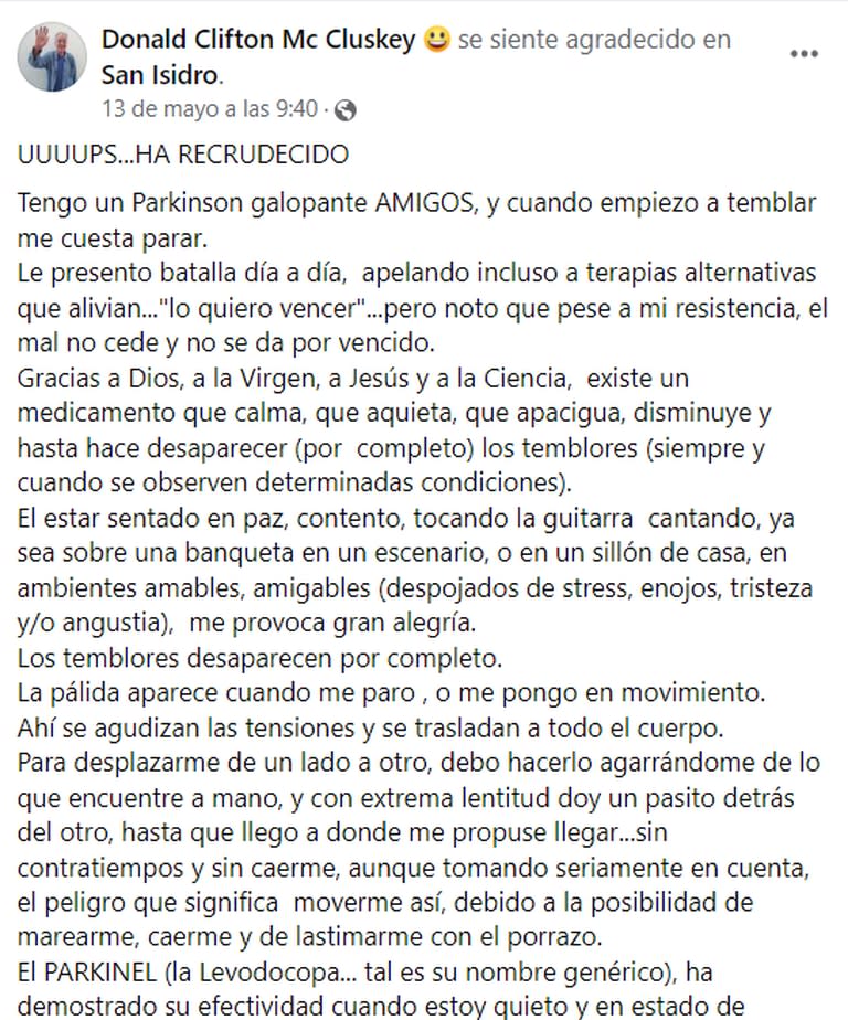 En una publicación en Facebook contó la situación que atraviesa