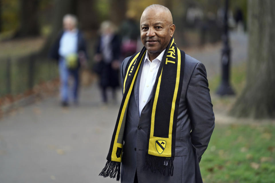 Curtis Harris, a 1978 graduate of the U.S. Military Academy at West Point, poses for photos, in New York's Central Park, Tuesday, Nov. 23, 2021. West Point remains a point of pride for Harris, who visits high schools and junior high schools to encourage candidates of diverse backgrounds to apply. (AP Photo/Richard Drew)