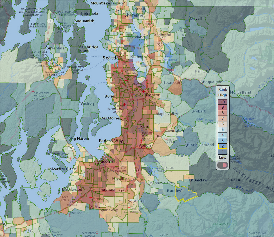A map depicting regions around the Puget Sound region with the highest health disparities. The map is cited in Puget Sound Clean Air Agency’s report and shows data from the Washington State Department of Health.