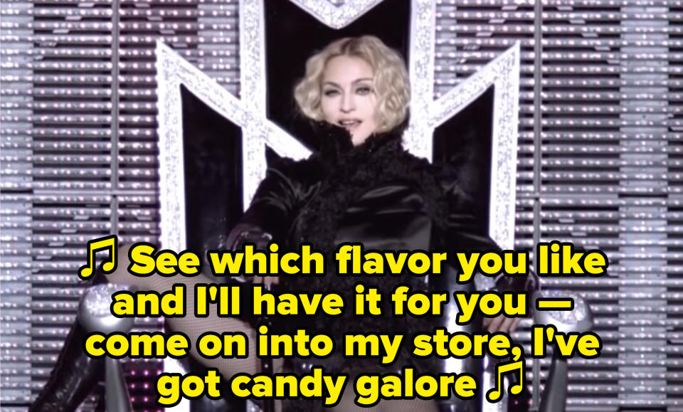 Madonna performing "Candy Shop" in concert: "See which flavor you like and I'll have it for you — come on into my store, I've got candy galore"