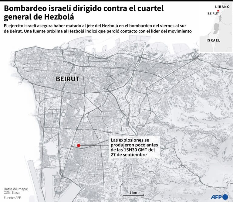 Mapa localizando el bombardeo del viernes al sur de Beirut en el que Israel asegura haber matado al jefe del Hezbolá, Hasán Nasralá (Omar KAMAL)