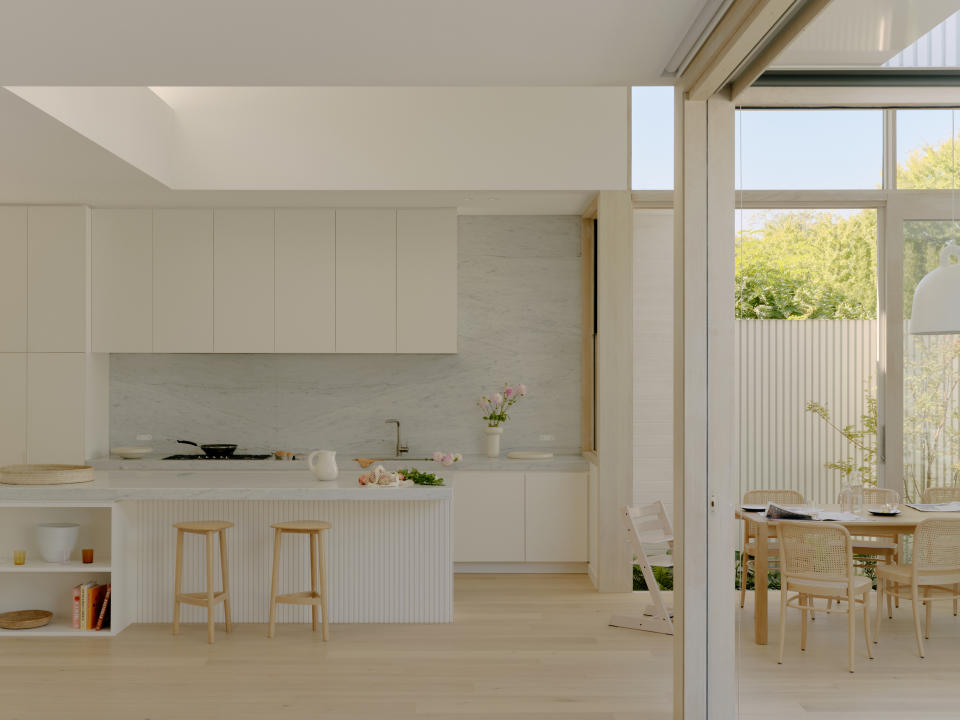 An ash wood flooring in the kitchen