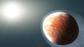  illustration of an orange jupiter-like planet with a bright yellow-white star in the distance 