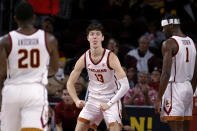 Southern California guard Drew Peterson (13) reacts after dunking against Eastern Kentucky during the second half of an NCAA college basketball game Tuesday, Dec. 7, 2021, in Los Angeles. USC won 80-68. (AP Photo/Ringo H.W. Chiu)