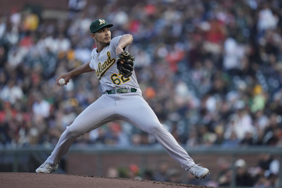 Oakland Athletics pitcher Freddy Tarnok throws to a San Francisco Giants batter during the first inning of a baseball game Wednesday, July 26, 2023, in San Francisco. (AP Photo/Godofredo A. Vásquez)