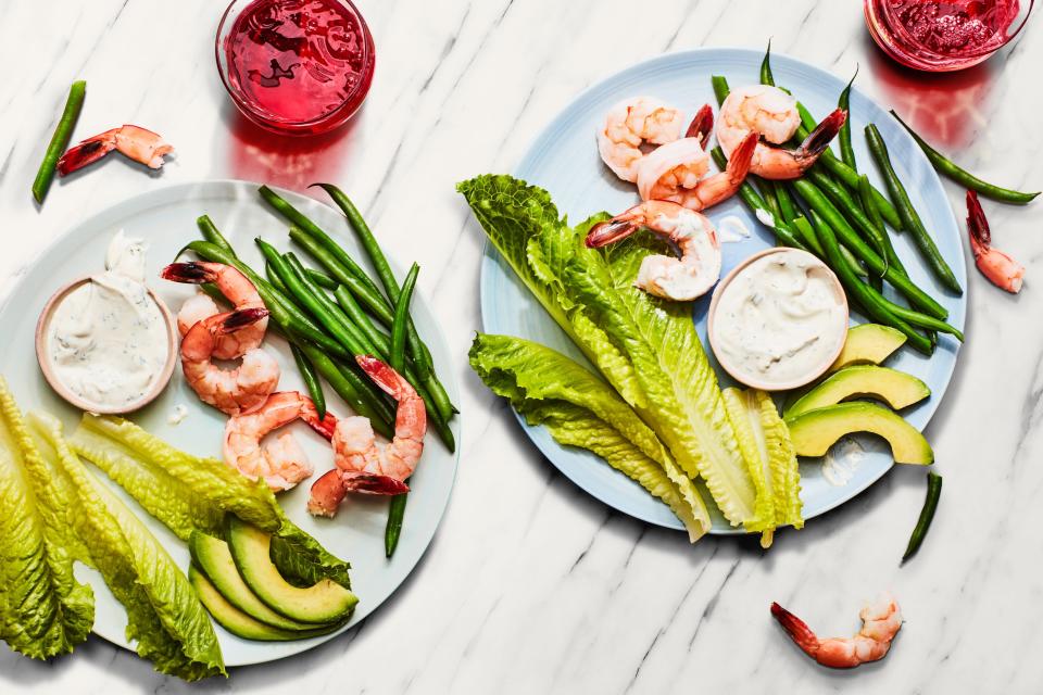 This picnic dinner is easy to pack up and take to the park, and everything can be eaten with your hands. Feel free to sub in any fresh vegetables you like to dip: radishes, bell peppers, cucumber spears, etc. <a href="https://www.epicurious.com/recipes/food/views/10-minute-shrimp-with-green-beans-and-creamy-lemon-dill-dip?mbid=synd_yahoo_rss" rel="nofollow noopener" target="_blank" data-ylk="slk:See recipe." class="link ">See recipe.</a>