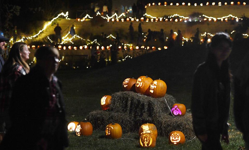 Hand-carved jack-o'-lanterns are on display at the Reiman Gardens.