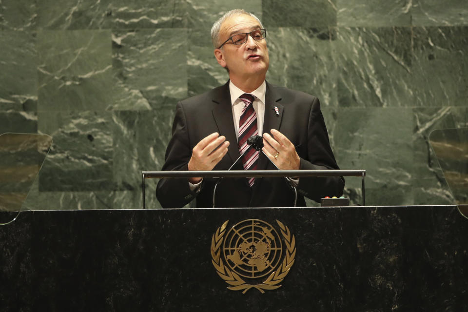 Swiss President Guy Parmelin addresses the 76th Session of the United Nations General Assembly, Tuesday, Sept. 21, 2021 at U.N. headquarters. (Spencer Platt/Pool Photo via AP)