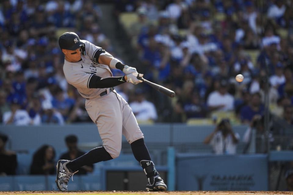 Yankees star Aaron Judge connects for a sixth-inning home run against the Dodgers on June 3, 2023.