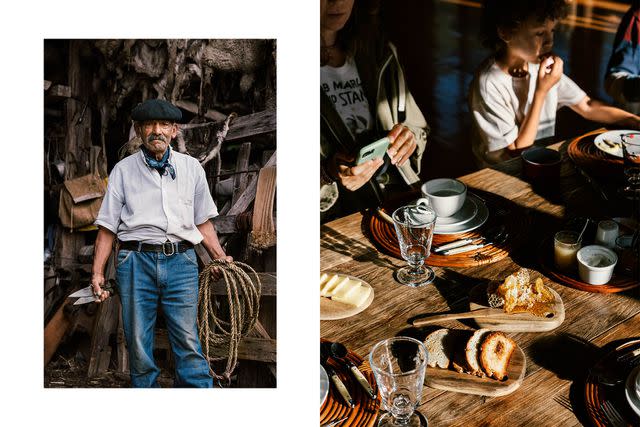 <p>Tom Parker</p> From left: Gaucho Don Polo holds sheep shears and a lasso at his estancia in Futaleufú, Chile; sitting down for breakfast—starting with toast, cheese, and honeycomb—at Pata Lodge.