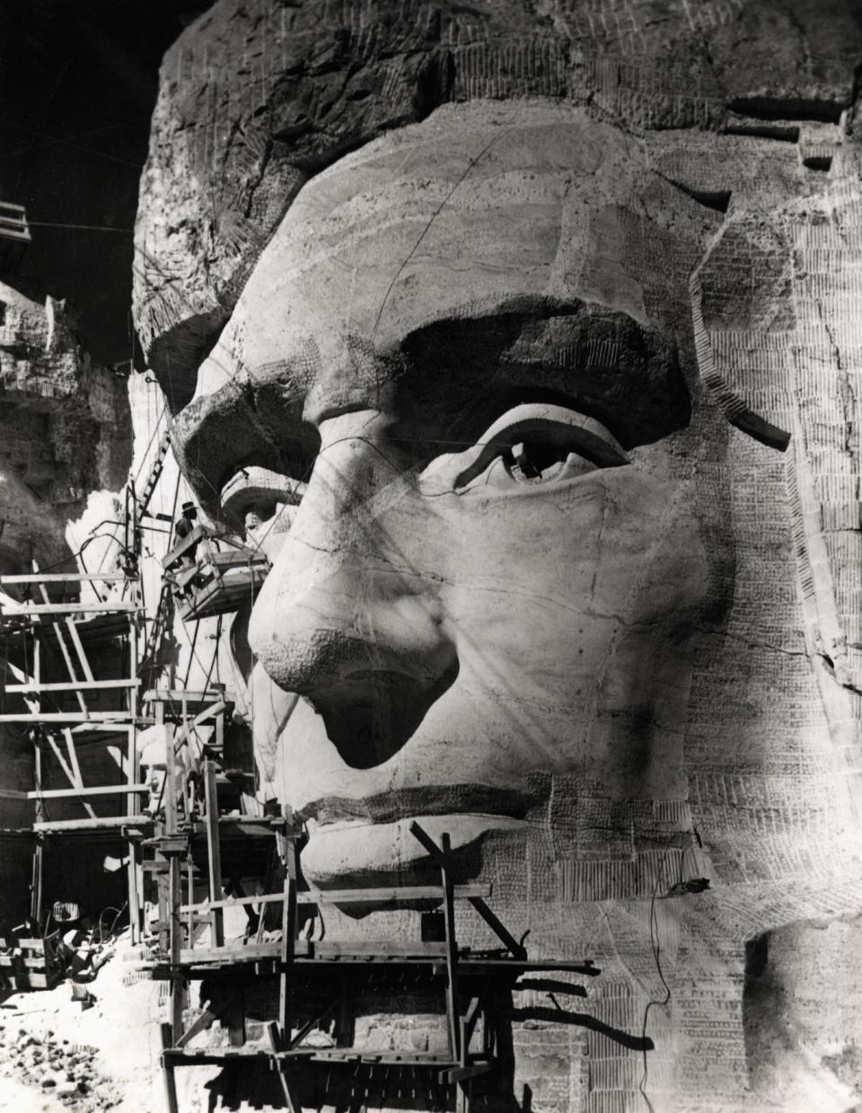 Lincoln's head under construction on Mount Rushmore.