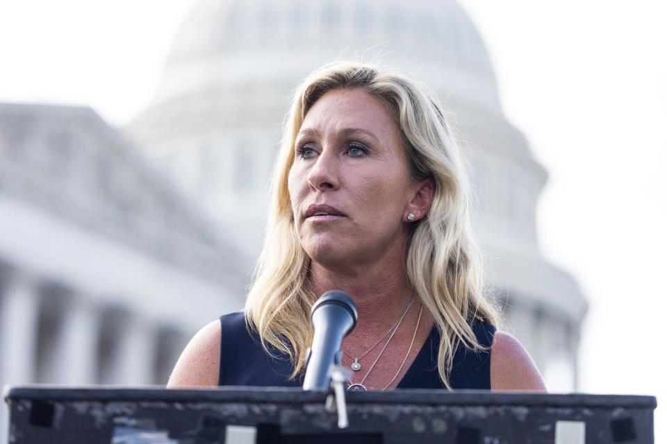 Republican Representative from Georgia Marjorie Taylor Greene holds a press conference to say she visited the Holocaust Museum and wanted to express remorse for comparing mask-wearing to the Holocaust outside the US Capitol in Washington, DC, USA, 14 June 2021