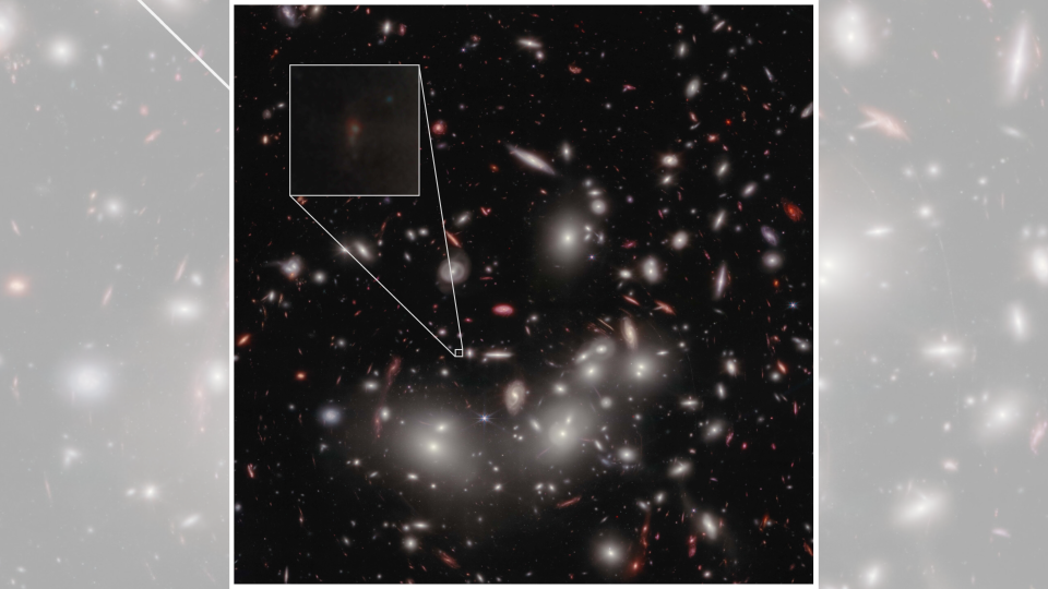 A telescope image of distant galaxies, showing thousands of bright stars and galaxies on a black background. In a zoomed-in box is the pale, faint galaxy detected in this new study.