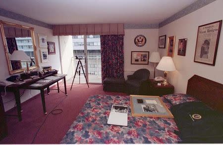 View of the room from where five man spied on the Democratic Party headquarters across the street in 1972, in the Watergate hotel in Washington on June 17. The scandal which toppled Richard M. Nixon from the presidency, was uncovered 25 years ago.