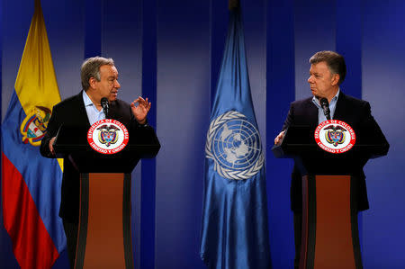 U.N. Secretary General Antonio Guterres gestures during a joint news conference with Colombia's President Juan Manuel Santos in Bogota, Colombia January 13, 2018. REUTERS/Jaime Saldarriaga