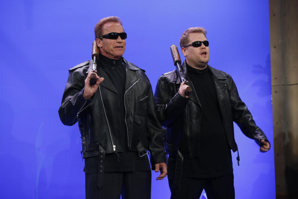 LOS ANGELES - MAY 4: James Corden and Arnold Schwarzenegger act out Arnold's filmography on 