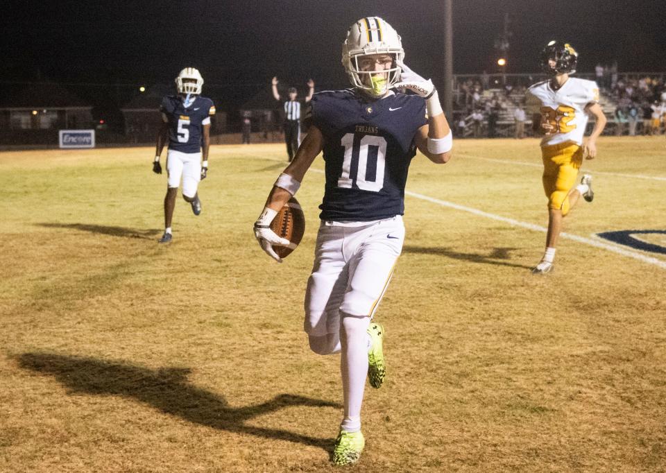 St. James' Tabor Offord (10) celebrates his touchdown catch at Saint James High School in Montgomery, Ala., on Thursday, Nov. 9, 2023. St. James leads Opp 27-7 at halftime.