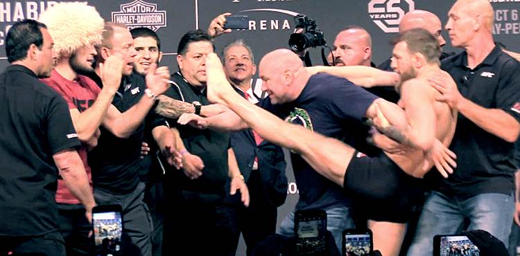 Conor McGregor launches kick at Khabib Nurmagomedov UFC 229 weigh-in