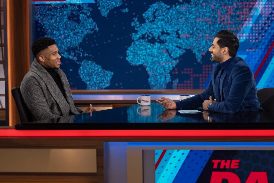 Giannis Antetokounmpo joined guest host Hasan Minhaj on "The Daily Show" on Comedy Central for an episode that aired Monday.