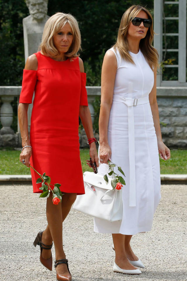 France's First Lady Pops in Red Dress & Graphic Block Heels With Melania  Trump