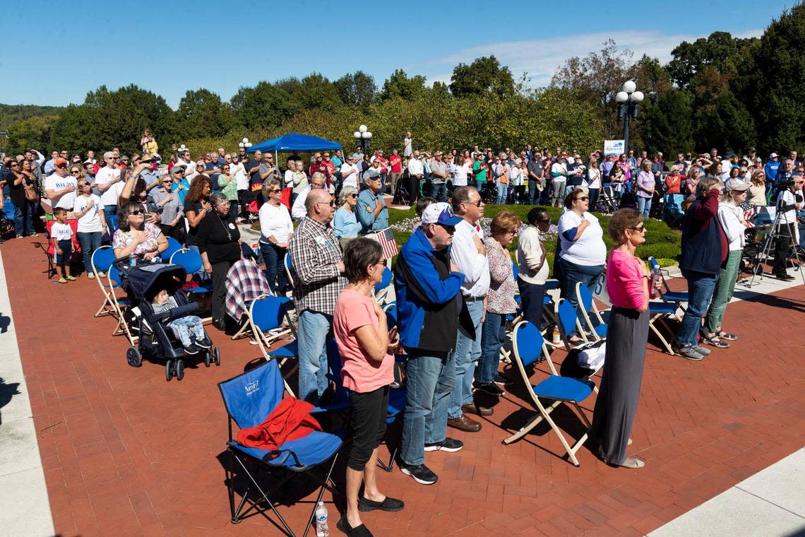 People gather to listen to Addia Wuchner and other speakers during a Yes for Life rally at the State Capitol in Frankfort, Ky., Saturday, October 1, 2022. A counter rally took place at the same time from Protect KY Access.