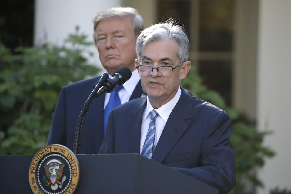 U.S. President Donald Trump looks on as Jerome Powell, his nominee to become chairman of the U.S. Federal Reserve, speaks at the White House in Washington, U.S., November 2, 2017. REUTERS/Carlos Barria