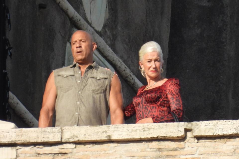 Vin Diesel and Helen Mirren are seen filming "Fast X" on July 18, 2022 in Rome, Italy