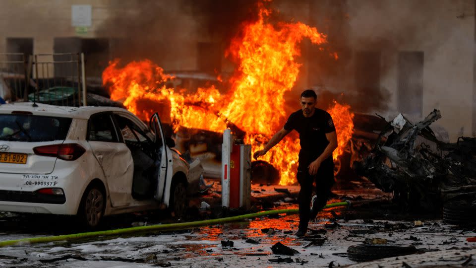 Fire burns in Ashkelon, Israel. after rockets were launched from the Gaza Strip on October 7, 2023.  - Amir Cohen/Reuters