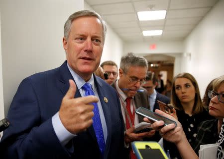 FILE PHOTO: Rep. Mark Meadows (R-NC), House Freedom Caucus Chairman, speaks to reporters on Capitol Hill in Washington, U.S., May 23, 2017. REUTERS/Joshua Roberts